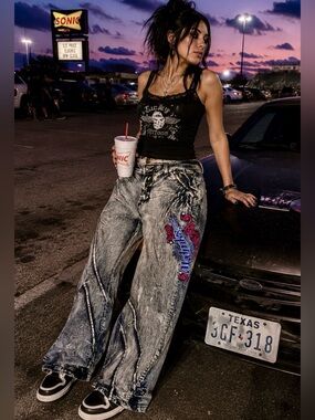AKDMKS Y2K Acid Wash Embroidered Jeans Sz 17/18 Wide Leg Skater Goth Grunge